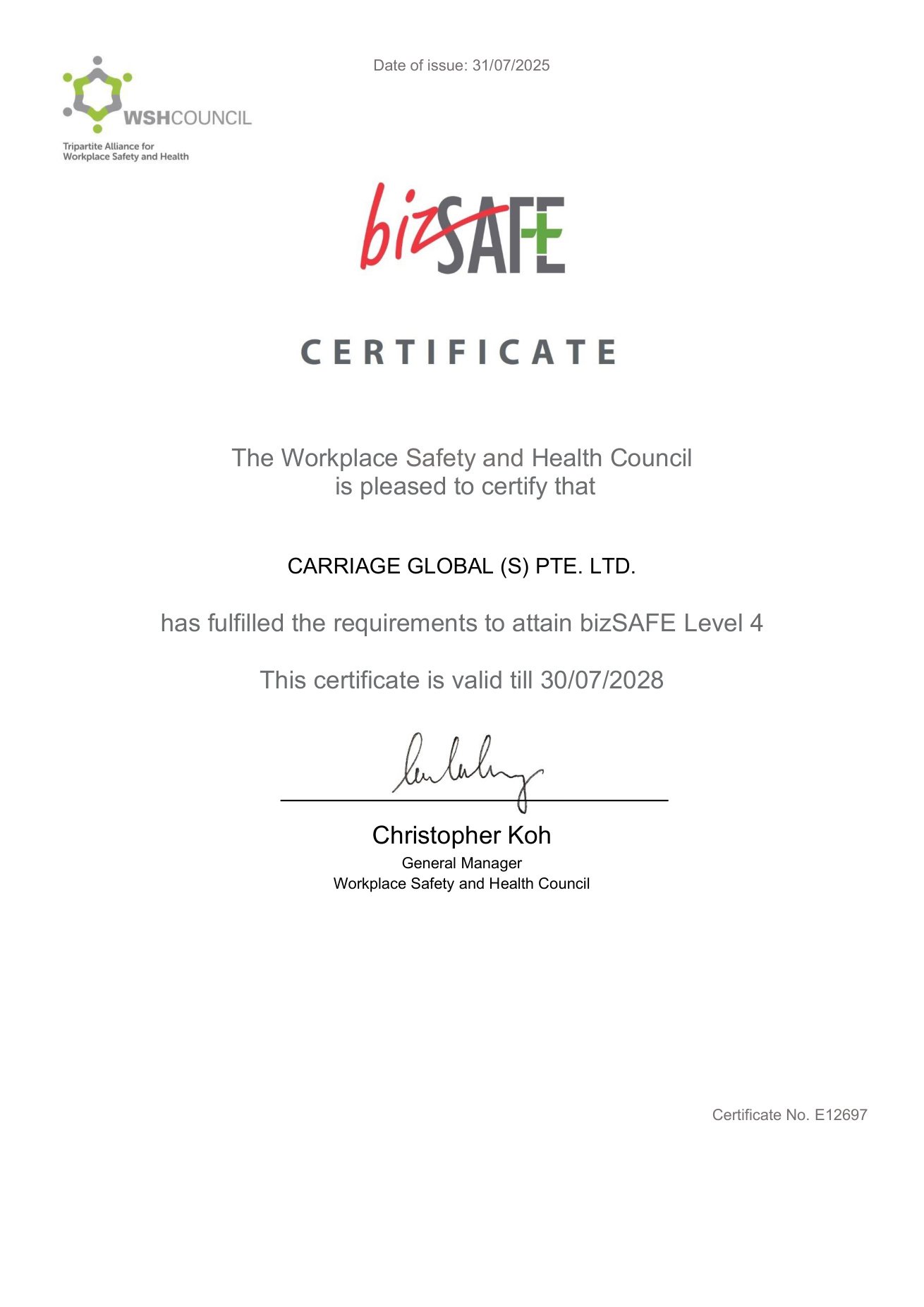 Scanned bizSAFE Level 4 certificate document